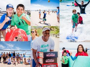 Walk With Sally mentors, mentees, friendships and volunteers participating in the surf day friendship activity in Manhattan Beach with food provided by Jimmy John's